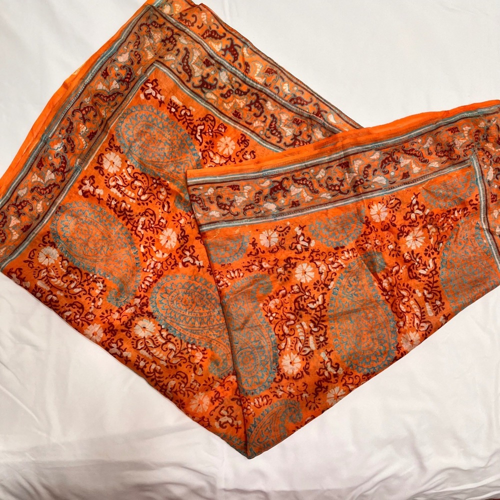 Orange Silk Paisley Floral Square Scarf Bohemian Head Neck Wrap Accessory